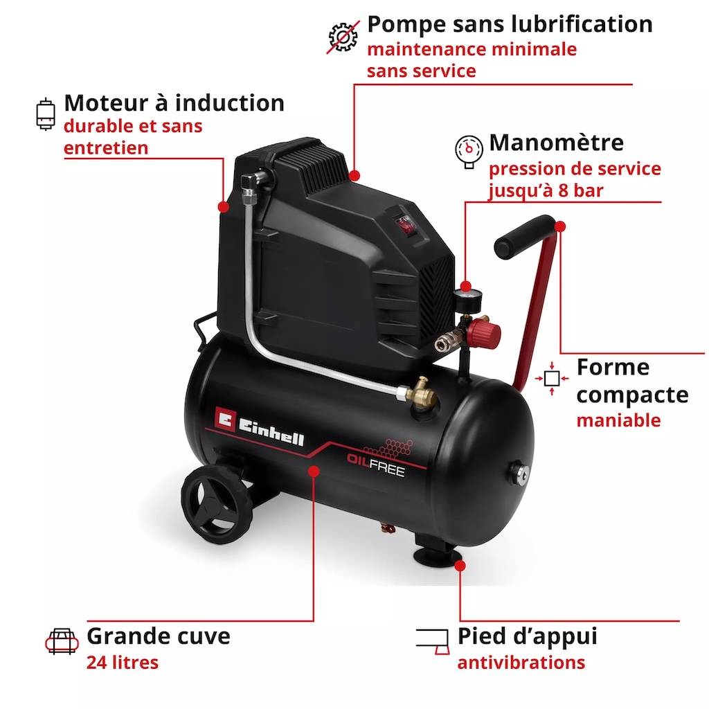 Einhell - Compresseur d’air – TC-AC 190/24/8 I OF – 1100 W – Cuve 24 L – 8 bar – Moteur à induction – Pompe sans lubrification Einhell - Image 2