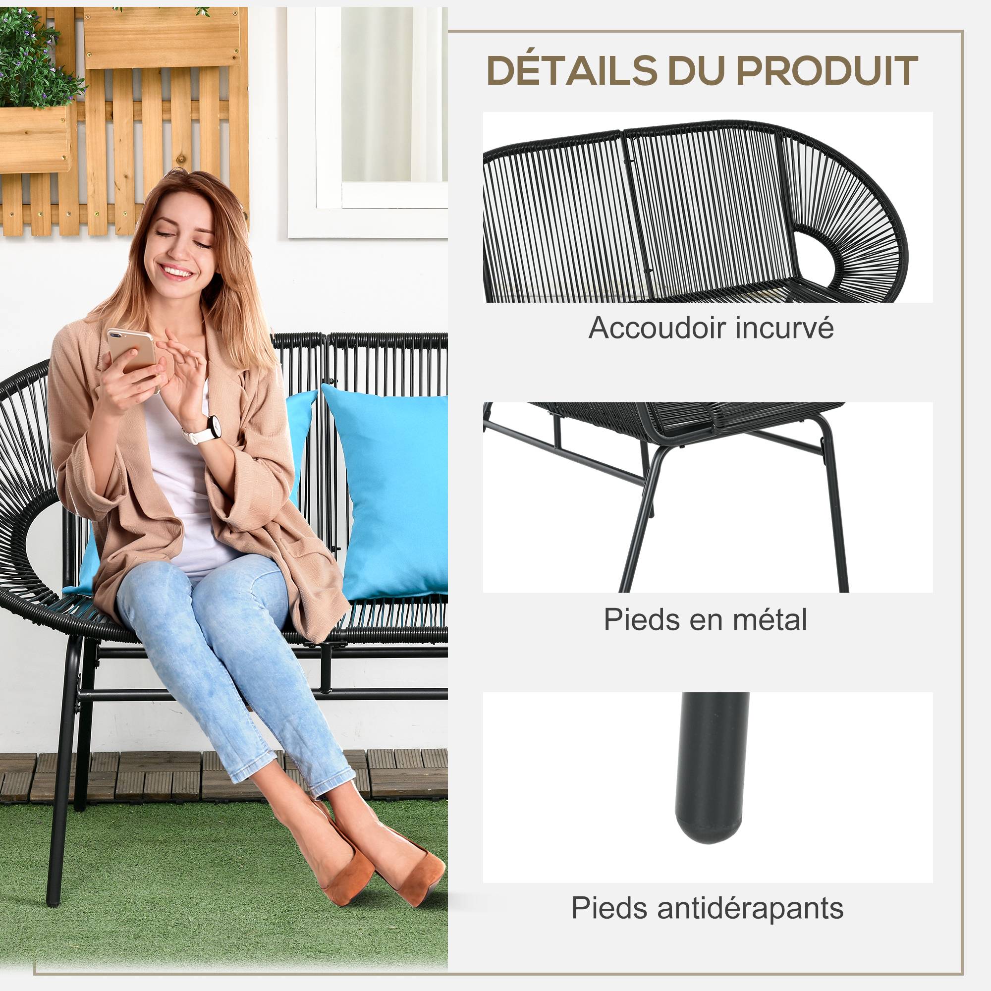 Banc de jardin 2 places acier et cordage résine terrasse assise incurvée noir - ComfortXL Outdoor Living - Image 8