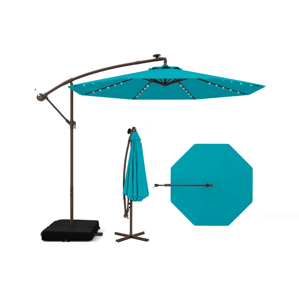 Maison Chic - Parasol Déporté de 3 m avec 32 Lumières LED Panneau Solaire Batterie Sac de Sable Auvent Imperméable Parasol pour Jardin Piscine Patio Vert - Image 3