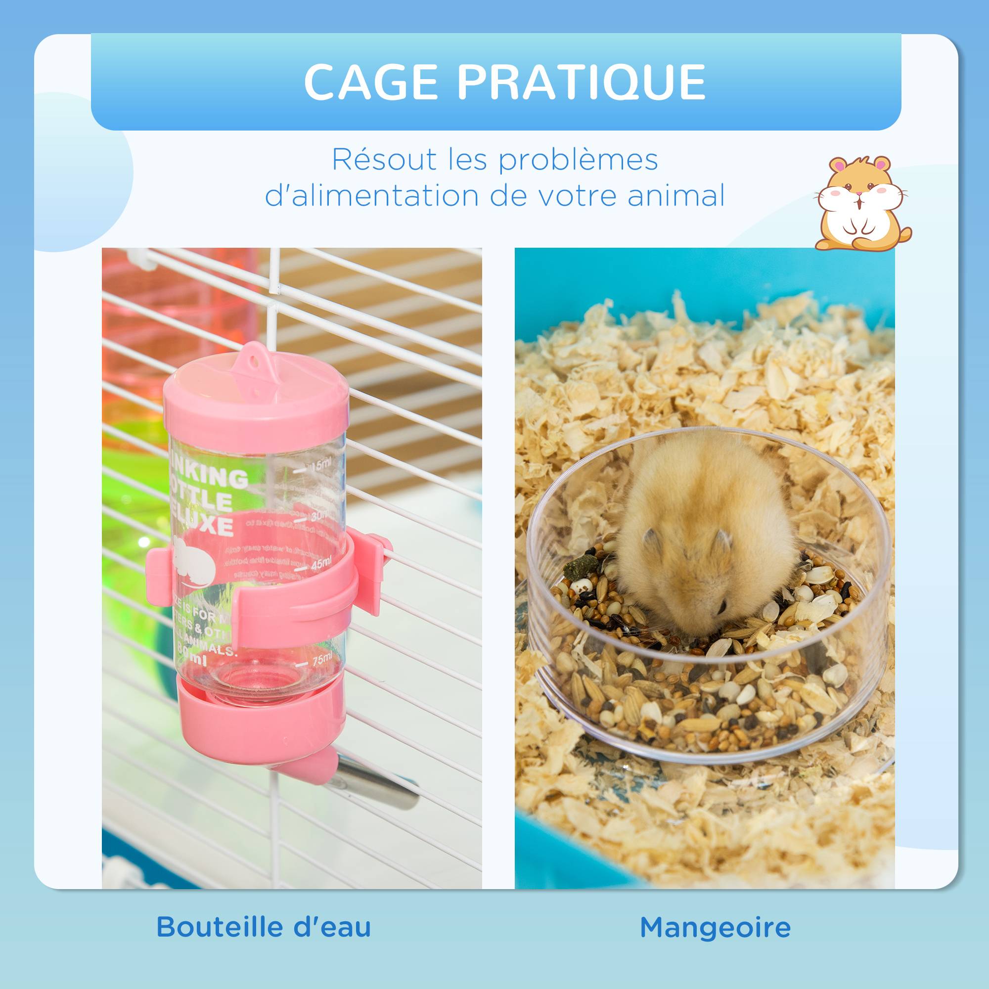 Pawhut - Grande cage à hamsters 5 niveaux - tunnels, abreuvoir, roue, maisonnette, échelles - dim. 59L x 36l x 69H cm - métal PP bleu blanc - Imagen 5