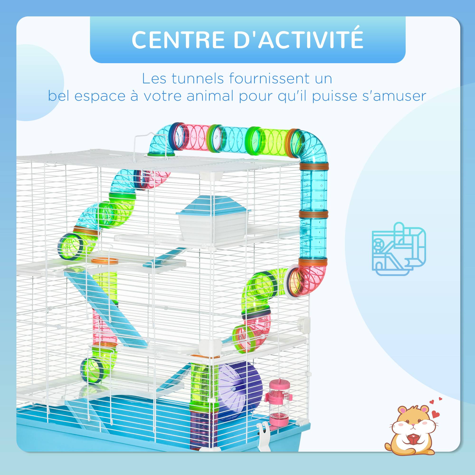 Pawhut - Grande cage à hamsters 5 niveaux - tunnels, abreuvoir, roue, maisonnette, échelles - dim. 59L x 36l x 69H cm - métal PP bleu blanc - Imagen 4