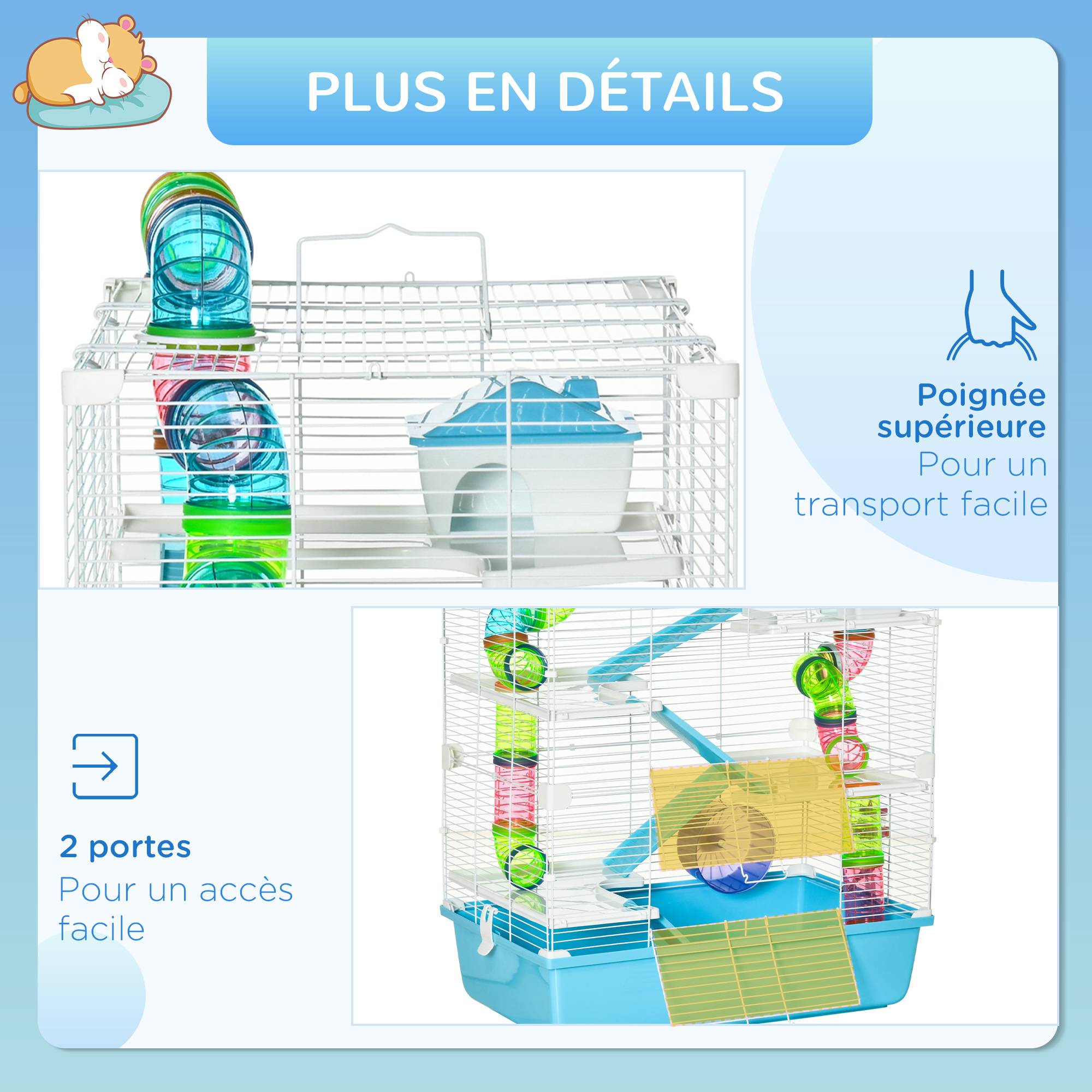 Pawhut - Grande cage à hamsters 5 niveaux - tunnels, abreuvoir, roue, maisonnette, échelles - dim. 59L x 36l x 69H cm - métal PP bleu blanc - Imagen 7