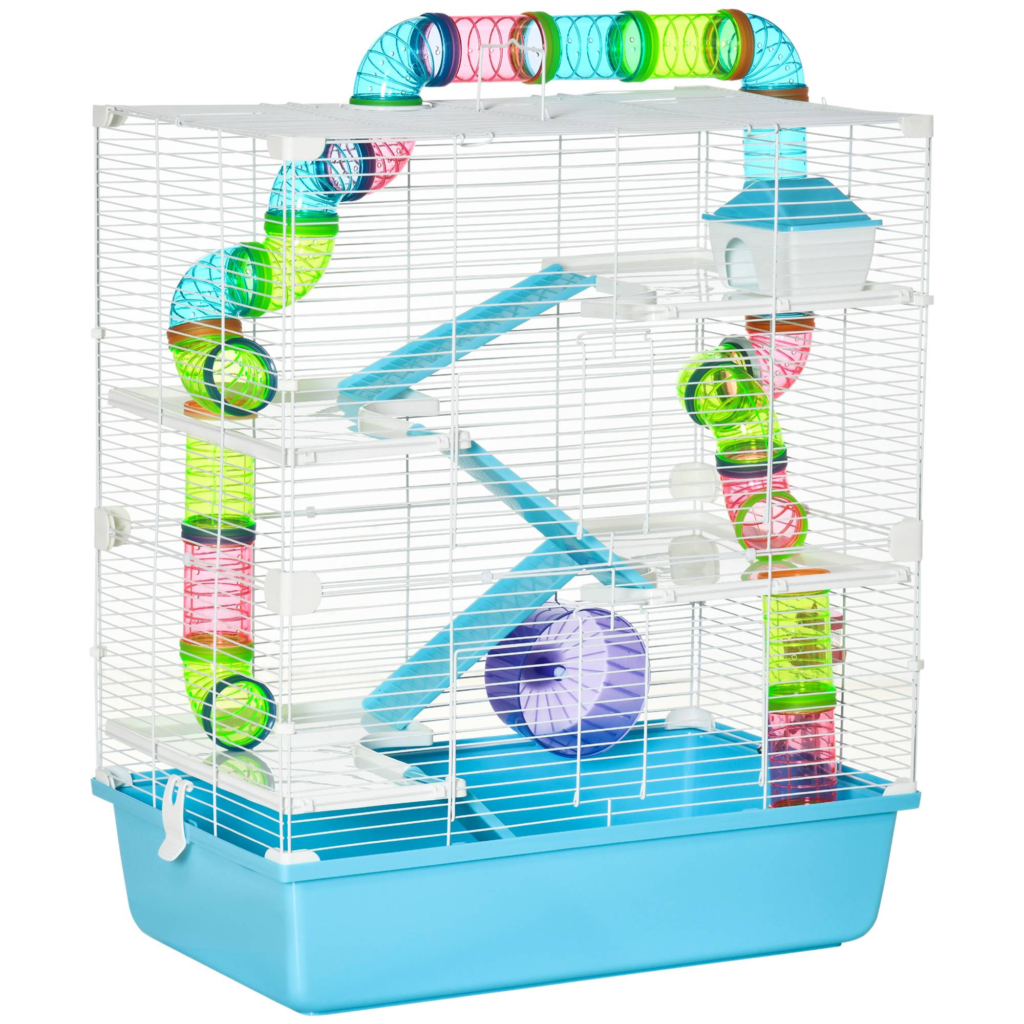 Pawhut - Grande cage à hamsters 5 niveaux - tunnels, abreuvoir, roue, maisonnette, échelles - dim. 59L x 36l x 69H cm - métal PP bleu blanc - Imagen 1