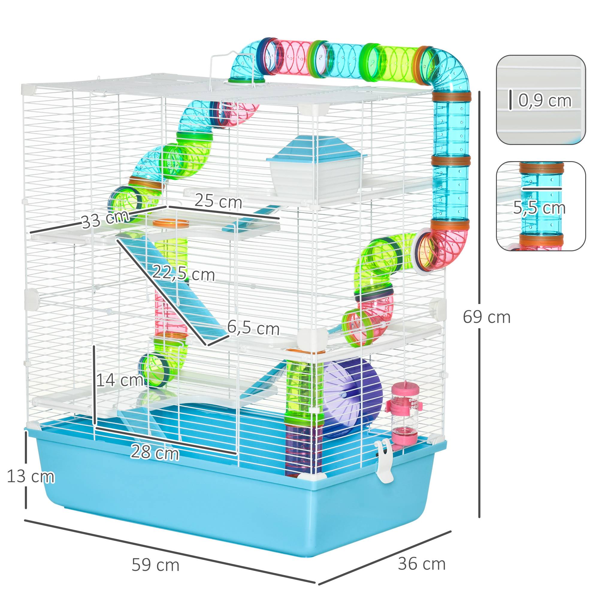 Pawhut - Grande cage à hamsters 5 niveaux - tunnels, abreuvoir, roue, maisonnette, échelles - dim. 59L x 36l x 69H cm - métal PP bleu blanc - Imagen 3