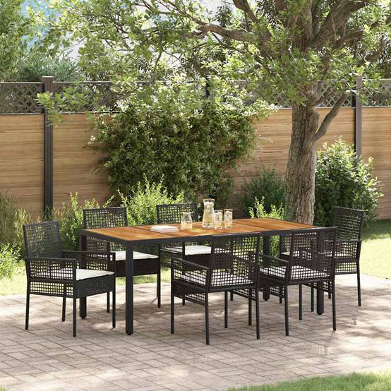 Table et chaises de jardin 6 places en polyrotin pour repas en terrasse avec coussins Noir – ComfortXL Outdoor Living - Image 1