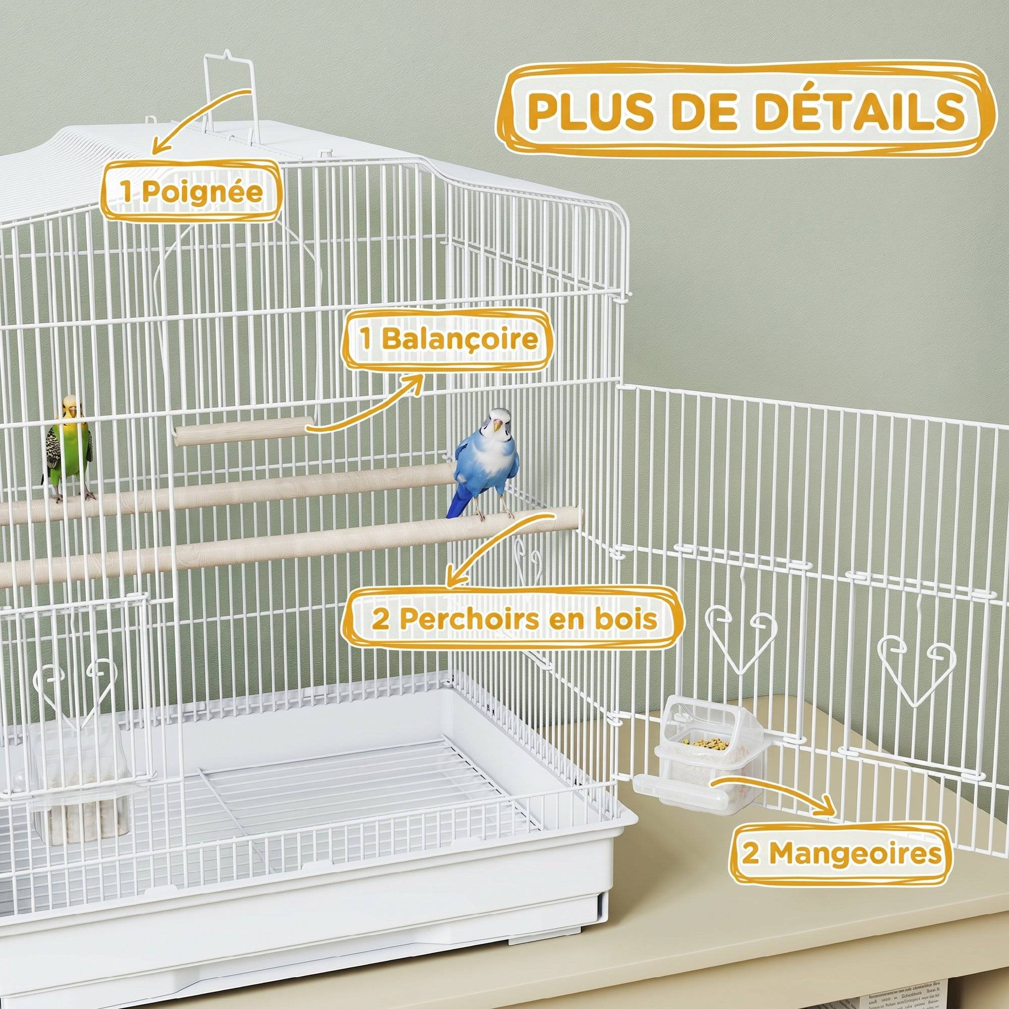 ComfortXL - Cage à oiseaux en acier blanc 46,5 x 36 x 59 cm pour canaris et perruches avec balançoire et plateau amovible - Image 6