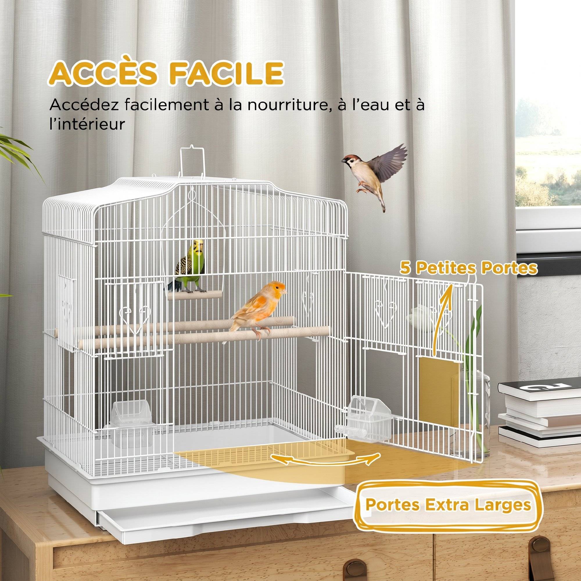 ComfortXL - Cage à oiseaux en acier blanc 46,5 x 36 x 59 cm pour canaris et perruches avec balançoire et plateau amovible - Image 4
