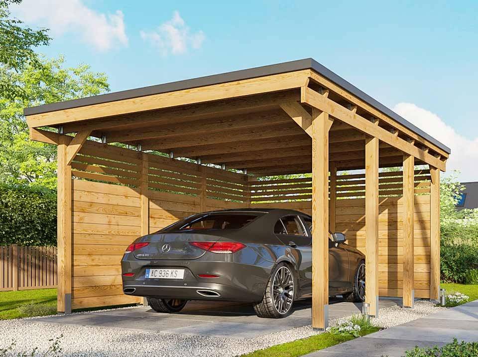 Direct Abris - Carport Bois CASTELLANE 373X555 Panneaux de Fond et Latéraux Intégrés - Toiture en Bois - Abri Voiture - 1 Voiture - Imagen 1