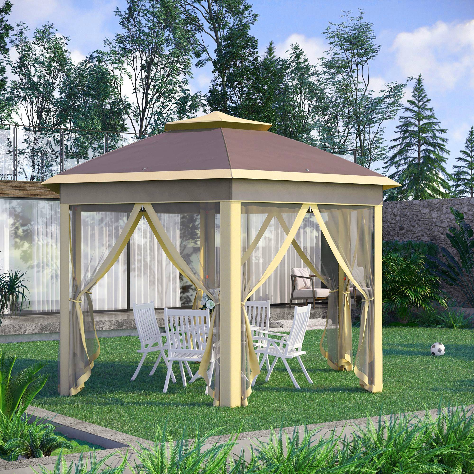 Sans Marque - Gazebo de jardin hexagonal 4,05 x 3,4 x 2,85 m avec double toit, 6 moustiquaires amovibles, sac de rangement et traitement anti-UV beige - Image 4