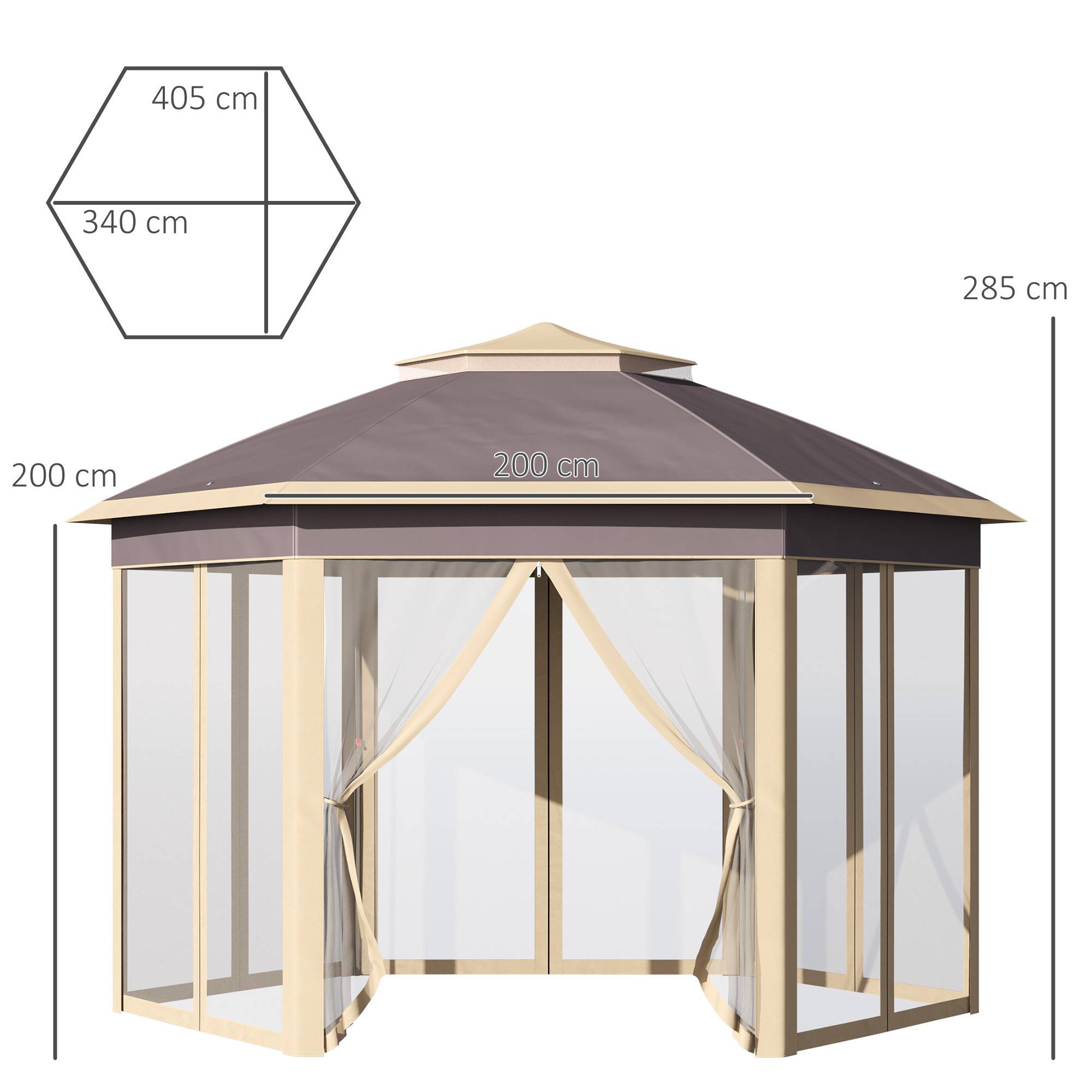 Sans Marque - Gazebo de jardin hexagonal 4,05 x 3,4 x 2,85 m avec double toit, 6 moustiquaires amovibles, sac de rangement et traitement anti-UV beige - Image 5
