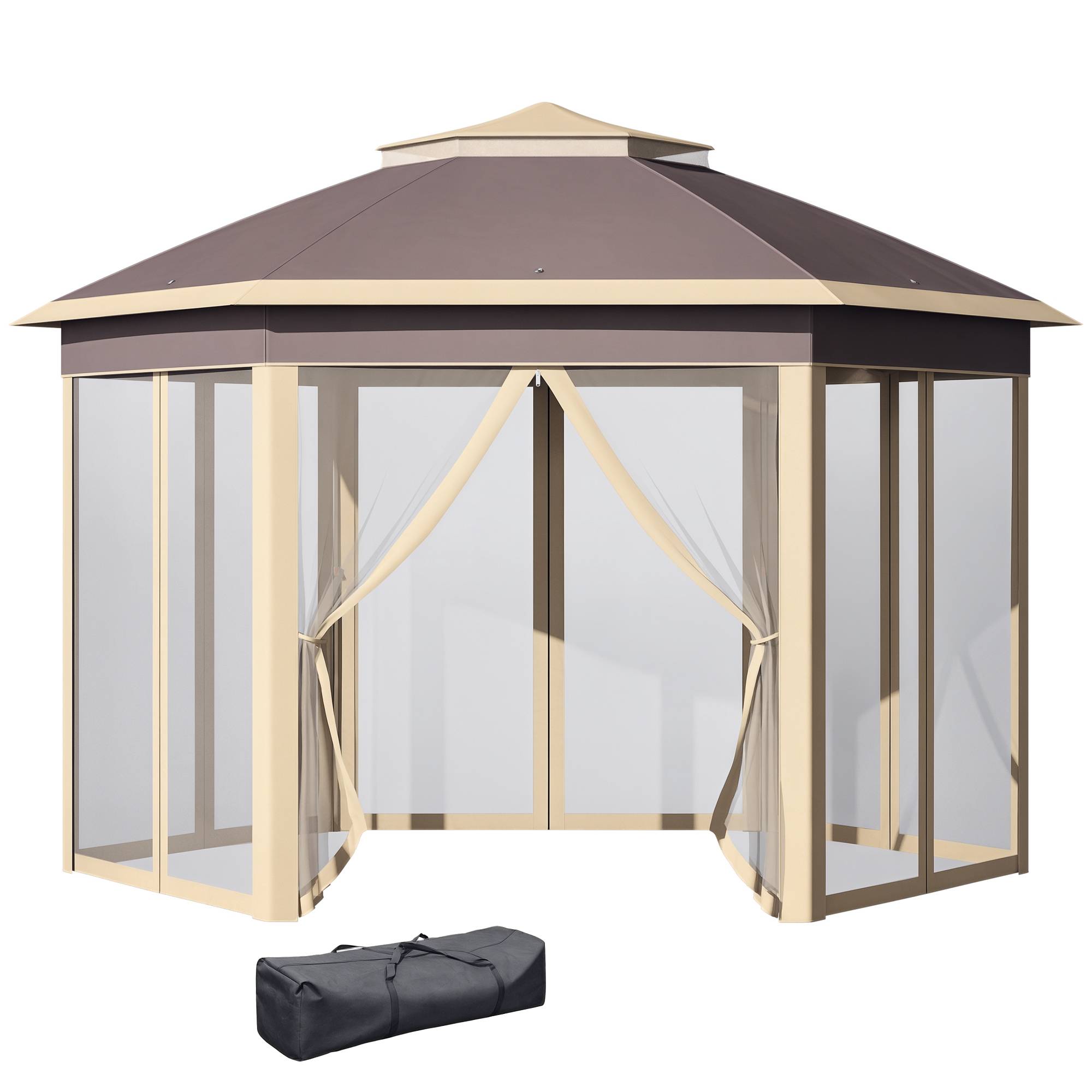 Sans Marque - Gazebo de jardin hexagonal 4,05 x 3,4 x 2,85 m avec double toit, 6 moustiquaires amovibles, sac de rangement et traitement anti-UV beige - Image 1