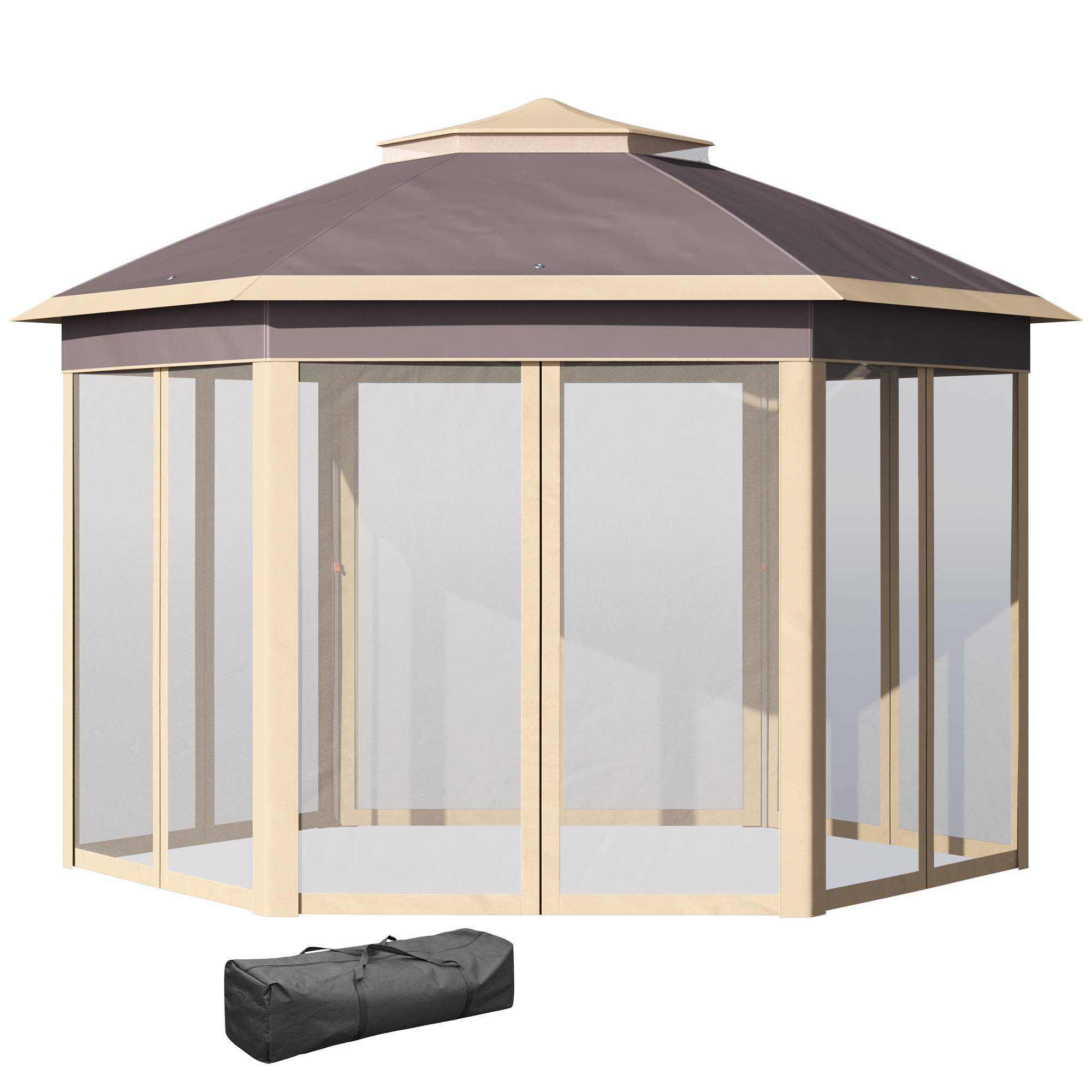 Sans Marque - Gazebo de jardin hexagonal 4,05 x 3,4 x 2,85 m avec double toit, 6 moustiquaires amovibles, sac de rangement et traitement anti-UV beige - Image 2