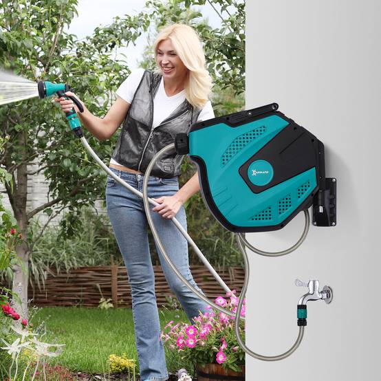 PANGIVO - Dévidoir mural pour tuyau 15 m avec douche multijets pivotante 180°, plastique, vert et noir, 44 x 22.5 x 41 cm - PANGIVO - Image 2