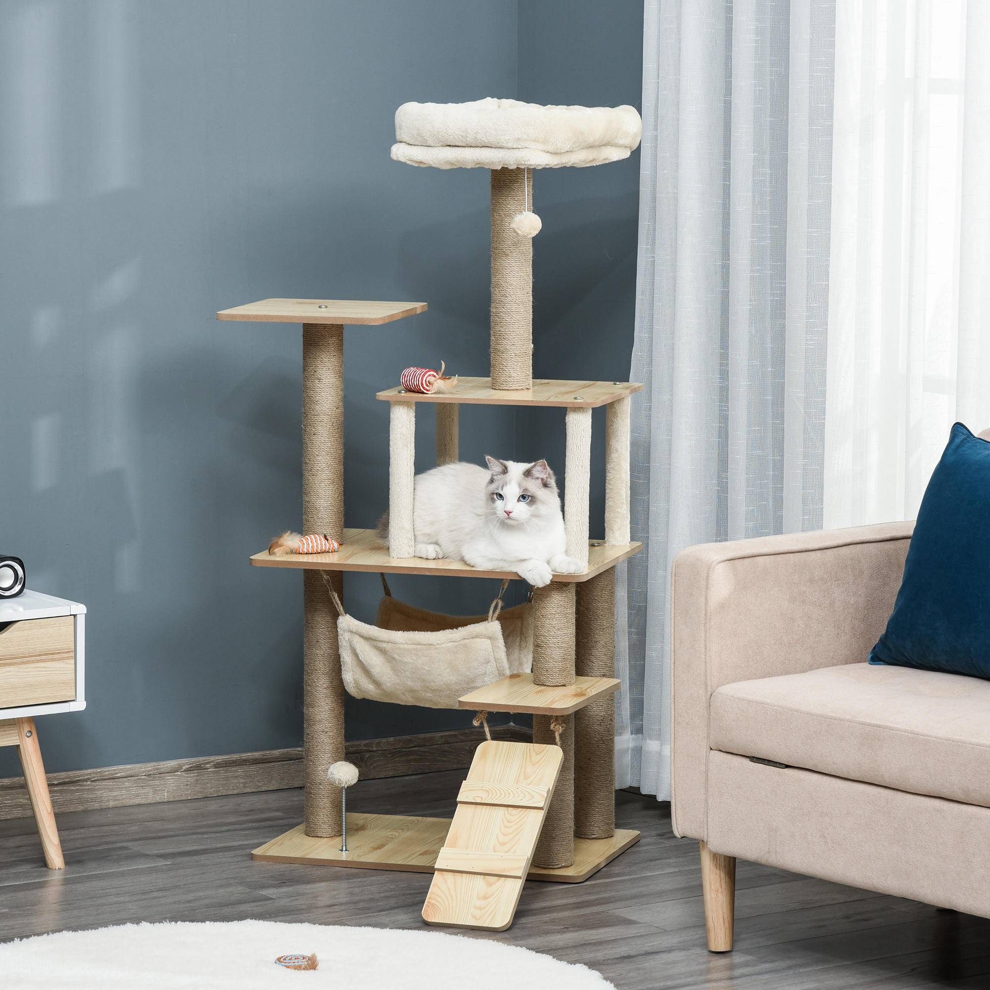 Arbre à chat MDF et peluche Pour félins Griffoir et repos 130cm Jaune - ComfortXL Outdoor Living - Image 9