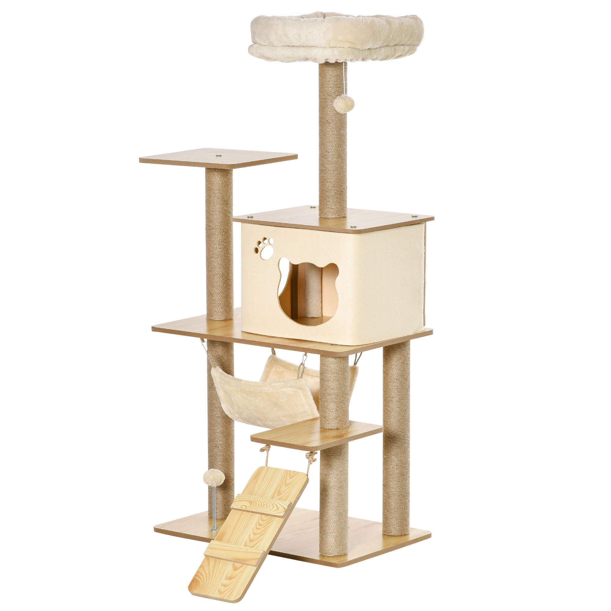 Arbre à chat MDF et peluche Pour félins Griffoir et repos 130cm Jaune - ComfortXL Outdoor Living - Image 2