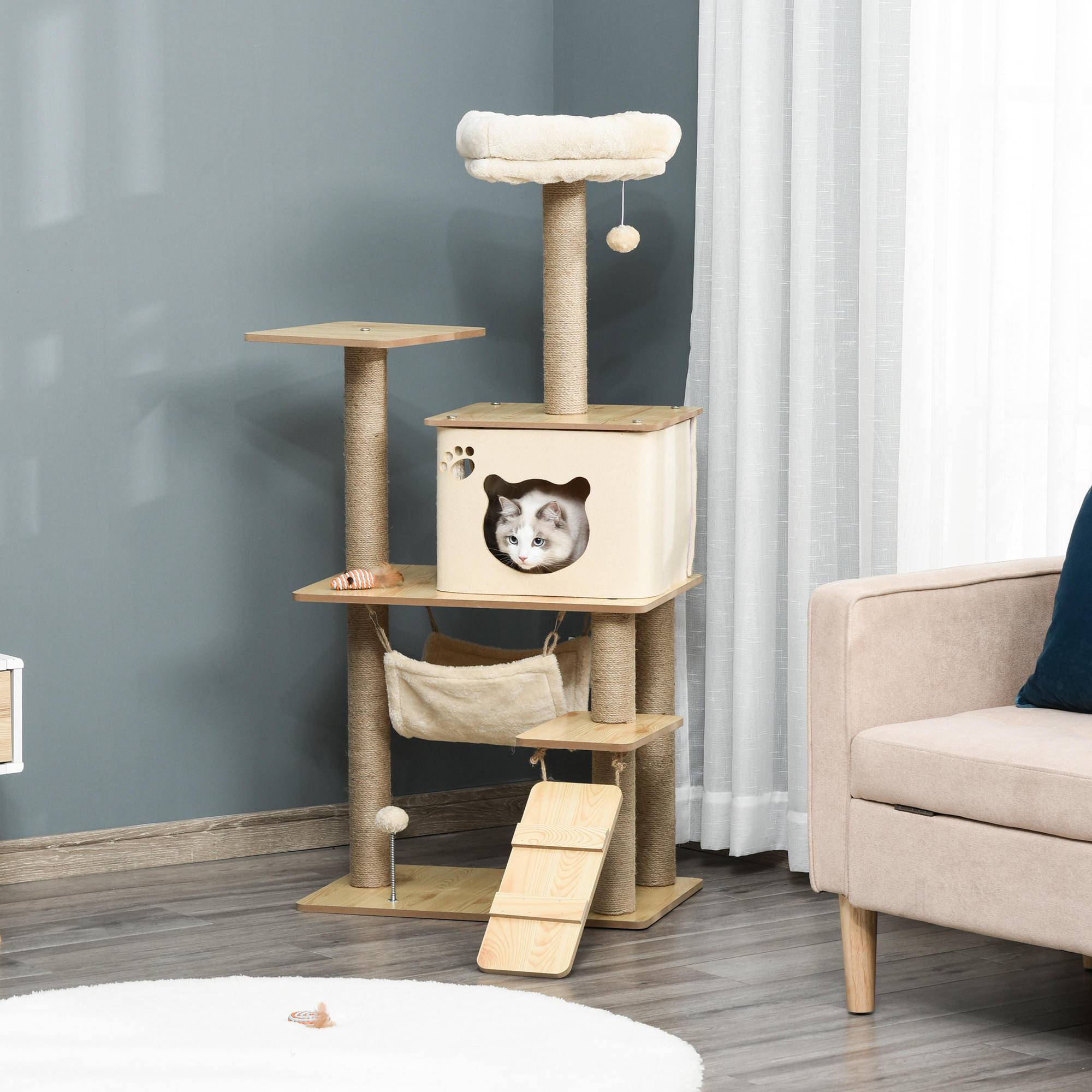 Arbre à chat MDF et peluche Pour félins Griffoir et repos 130cm Jaune - ComfortXL Outdoor Living - Image 3