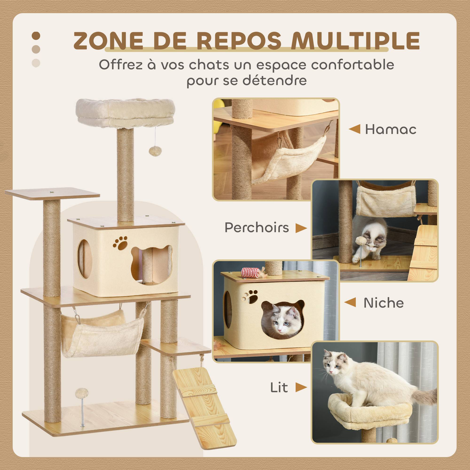 Arbre à chat MDF et peluche Pour félins Griffoir et repos 130cm Jaune - ComfortXL Outdoor Living - Image 6