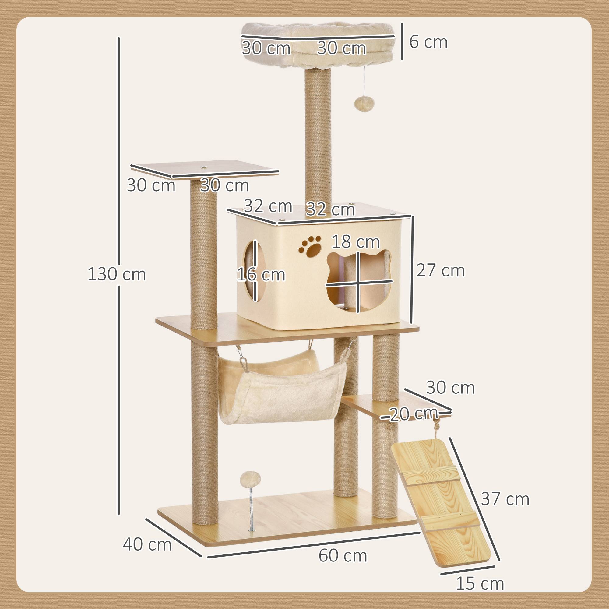 Arbre à chat MDF et peluche Pour félins Griffoir et repos 130cm Jaune - ComfortXL Outdoor Living - Image 5