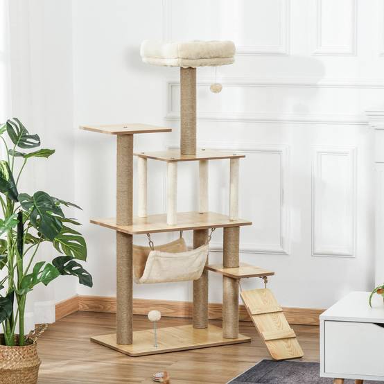 Arbre à chat MDF et peluche Pour félins Griffoir et repos 130cm Jaune - ComfortXL Outdoor Living - Image 4