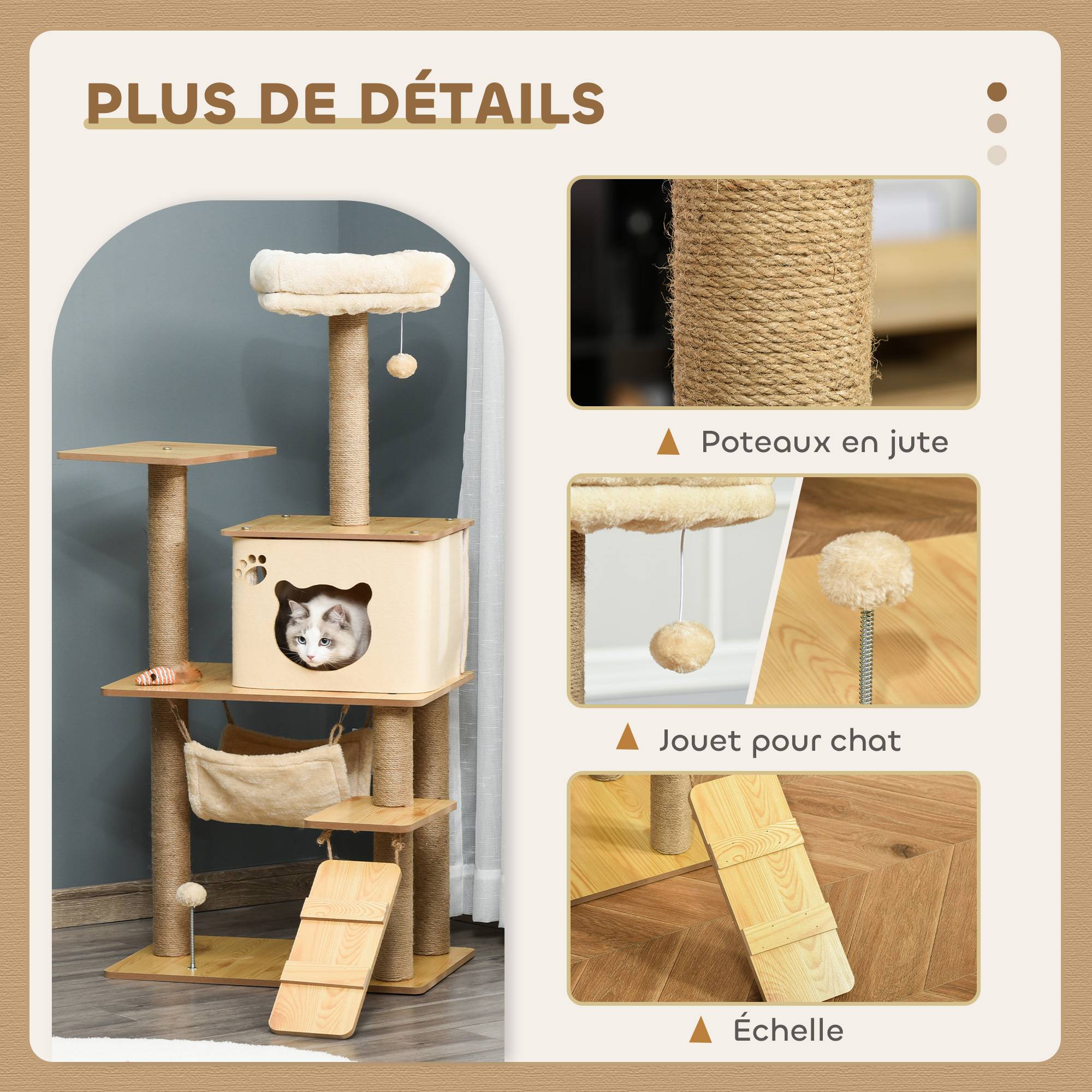 Arbre à chat MDF et peluche Pour félins Griffoir et repos 130cm Jaune - ComfortXL Outdoor Living - Image 7