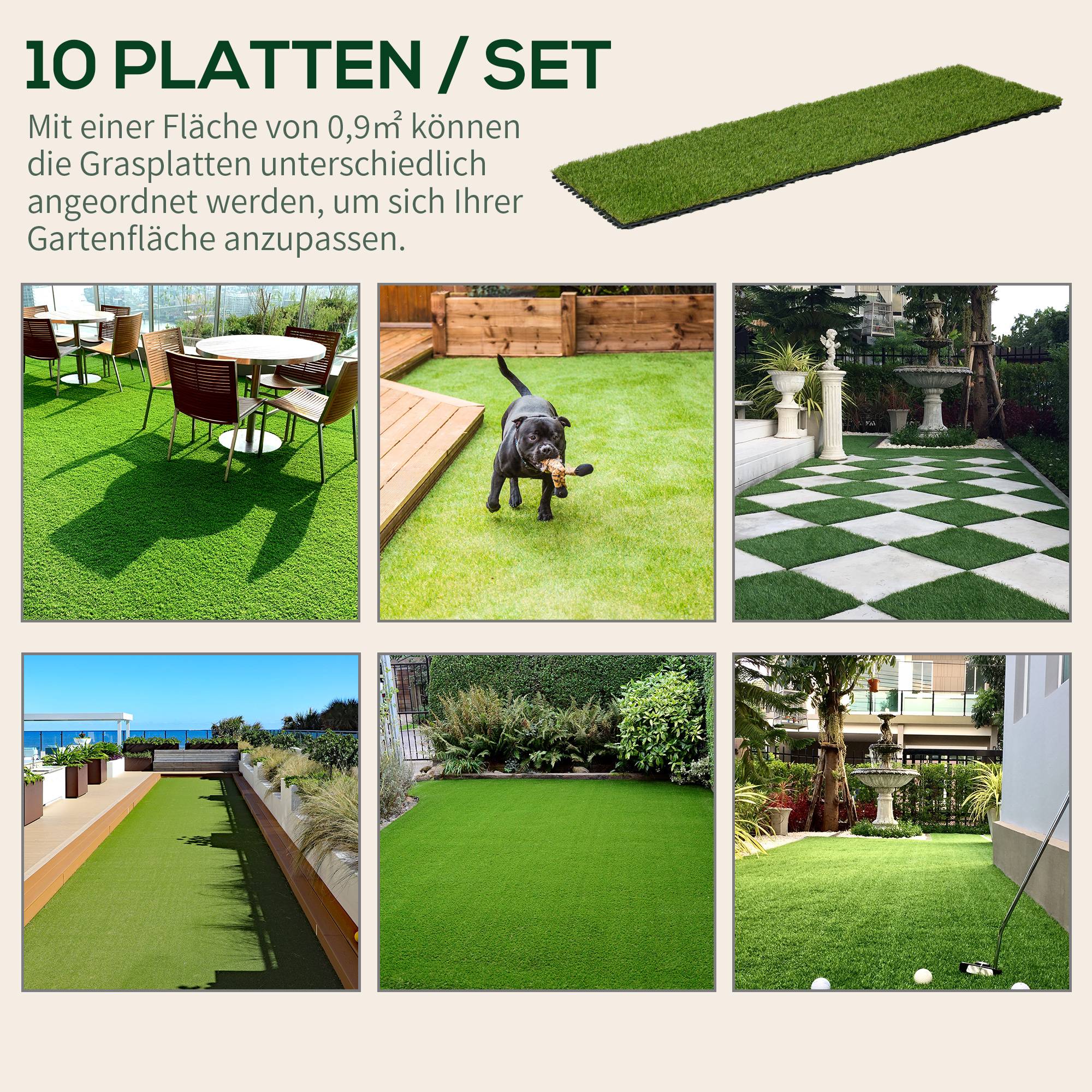ComfortXL - Dalles gazon synthétique PP PE vert 30 x 30 cm lot de 10 terrasse jardin drainage clipsable hauteur 25 mm - Image 7