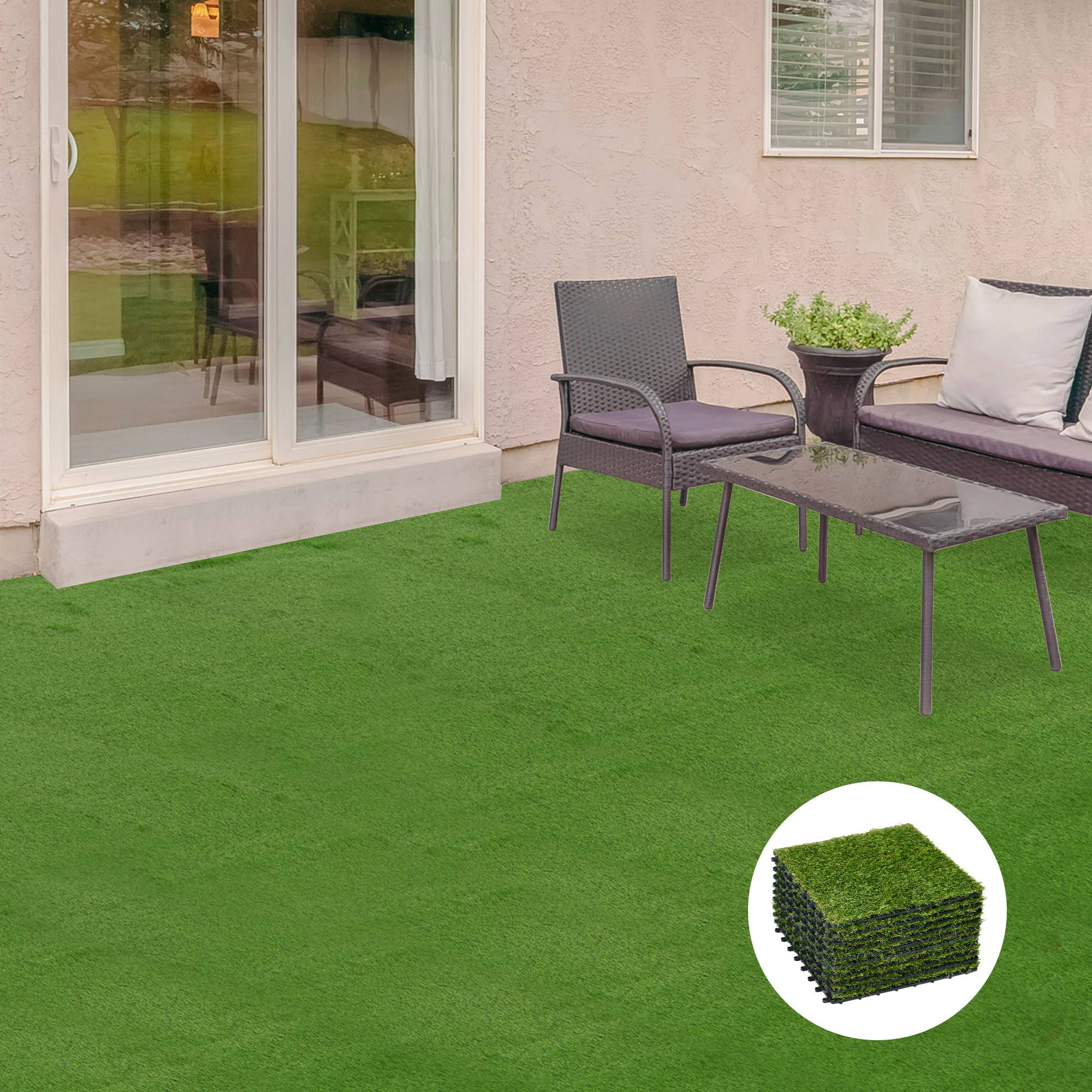 ComfortXL - Dalles gazon synthétique PP PE vert 30 x 30 cm lot de 10 terrasse jardin drainage clipsable hauteur 25 mm - Image 1