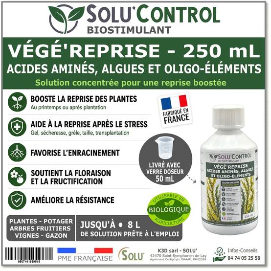 Tout pour les nuisibles - Végé'Reprise 250 mL - Biostimulant concentré aux acides aminés, algues et oligo-éléments Solu'Control - Fabriqué en France - UAB - Image 1