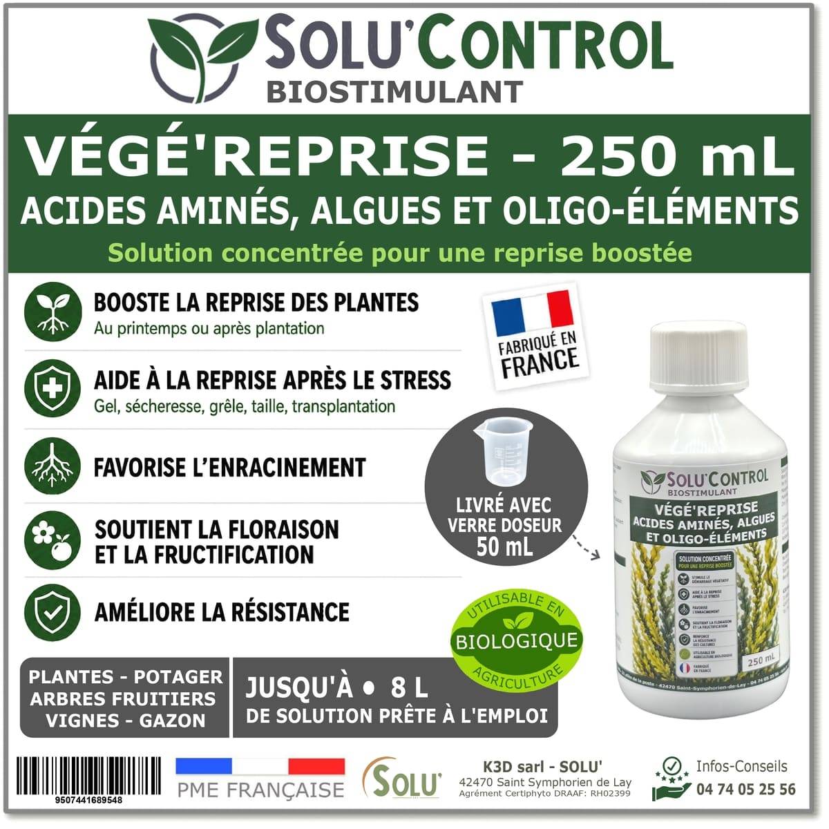 Tout pour les nuisibles - Végé'Reprise 250 mL - Biostimulant concentré aux acides aminés, algues et oligo-éléments Solu'Control - Fabriqué en France - UAB - Image 1