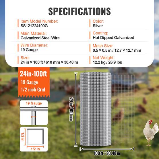 Vevor - VEVOR Rouleau treillis métallique clôture fil de poule 610mmx30,48mm calibre 19 - Image 7