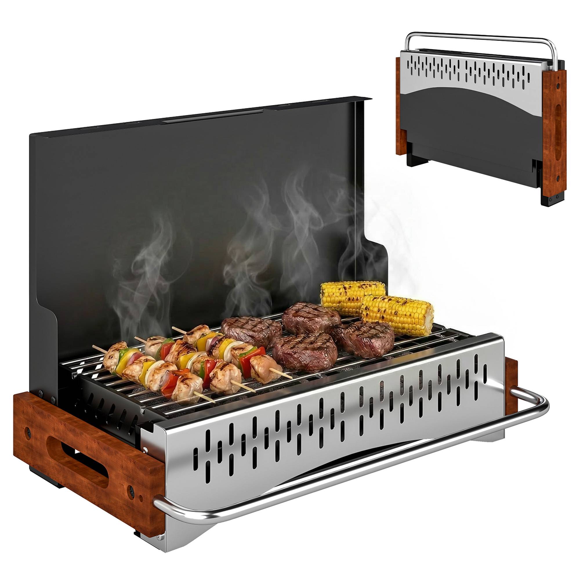 Barbecue à charbon pliable et portable 50,5x34x33 cm avec bac à charbon amovible pour camping et pique-nique, couleur noire - Image 1