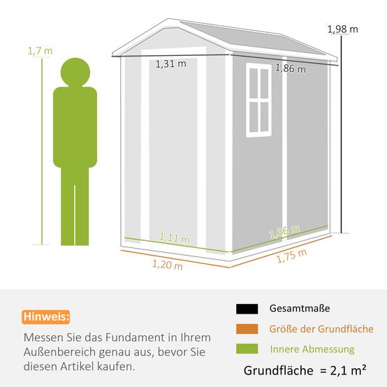 Abri jardin plastique avec sol fenêtre portes verrouillables jardin 131Lx186Px198Hcm gris - Image 5