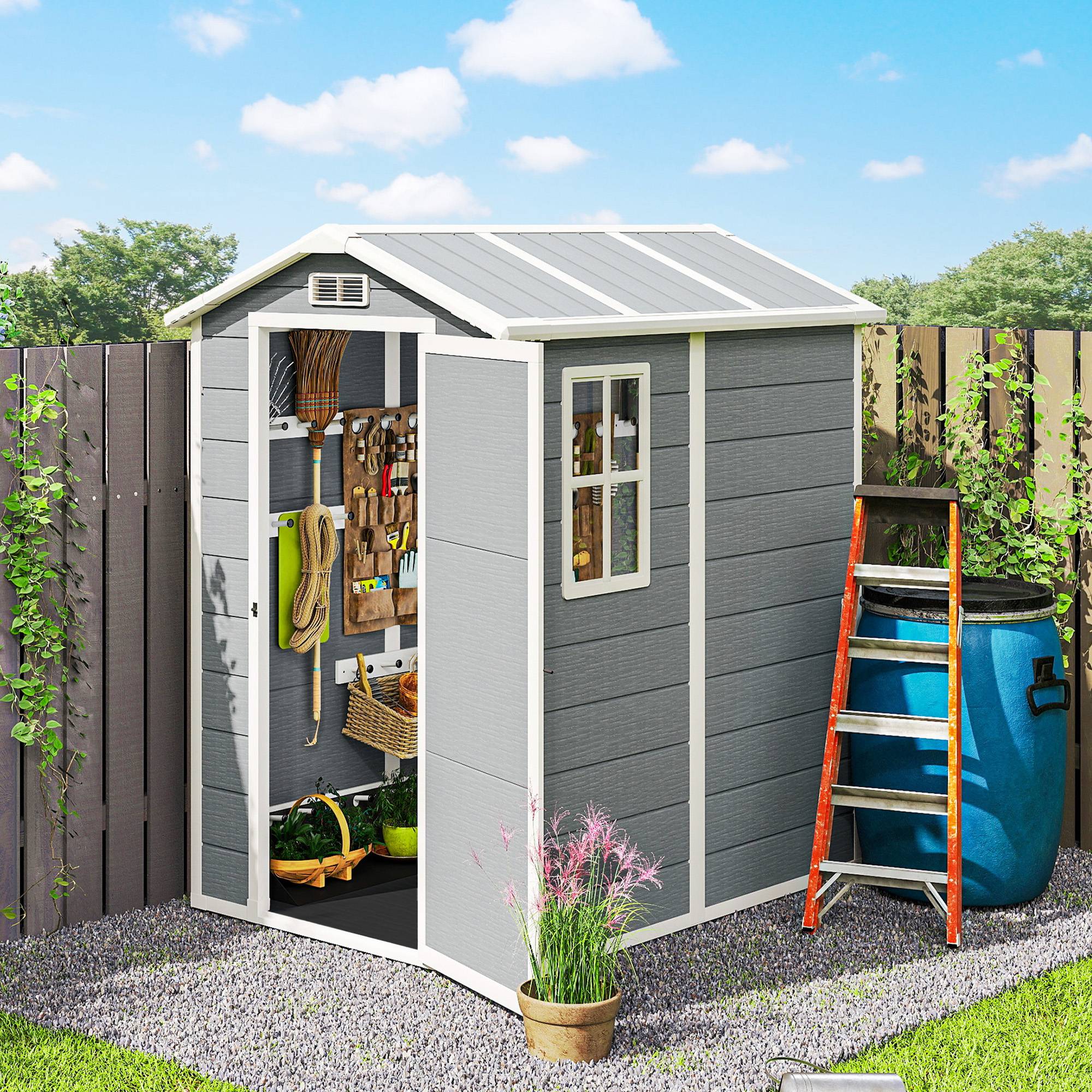 Abri jardin plastique avec sol fenêtre portes verrouillables jardin 131Lx186Px198Hcm gris - Image 10