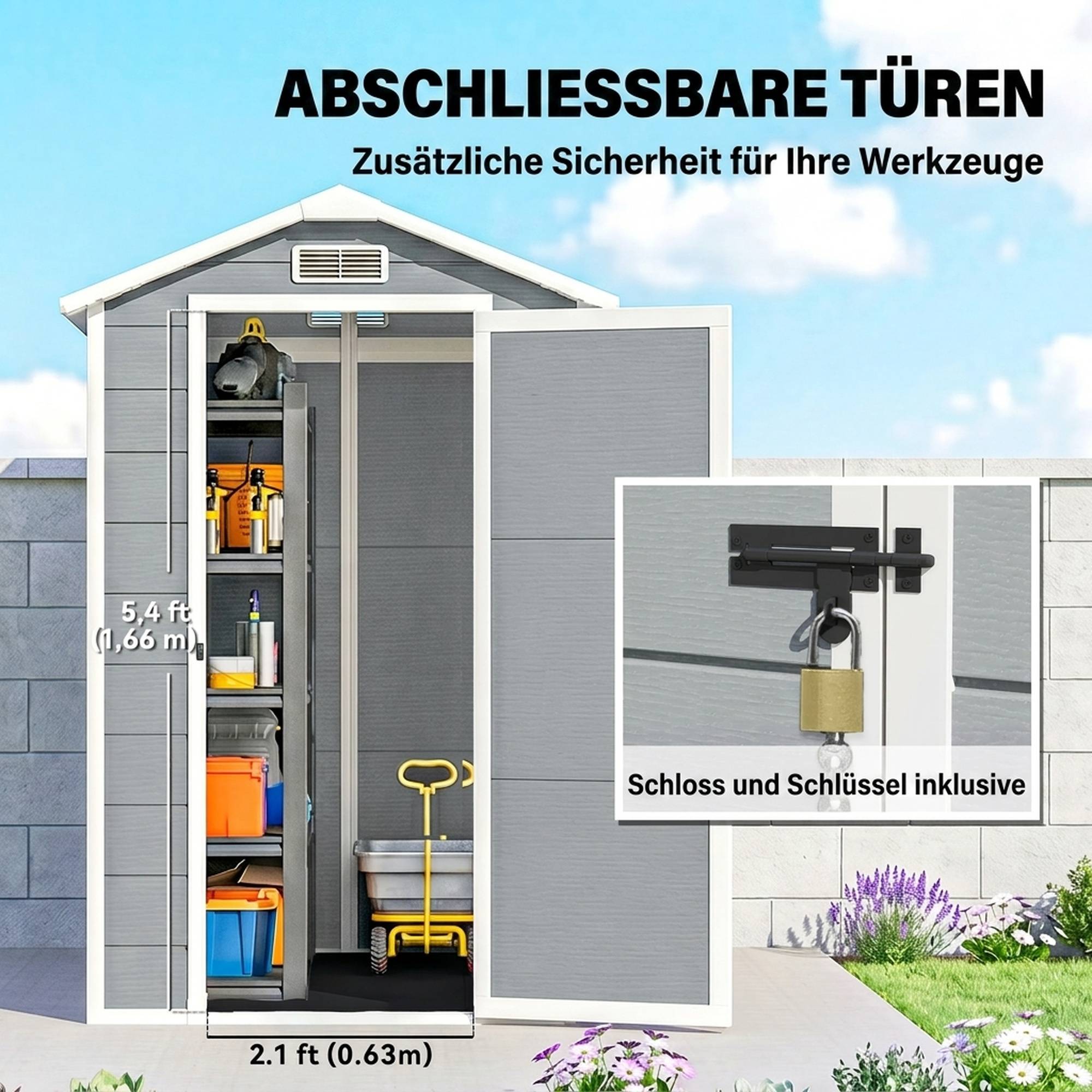 Abri jardin plastique avec sol fenêtre portes verrouillables jardin 131Lx186Px198Hcm gris - Image 8