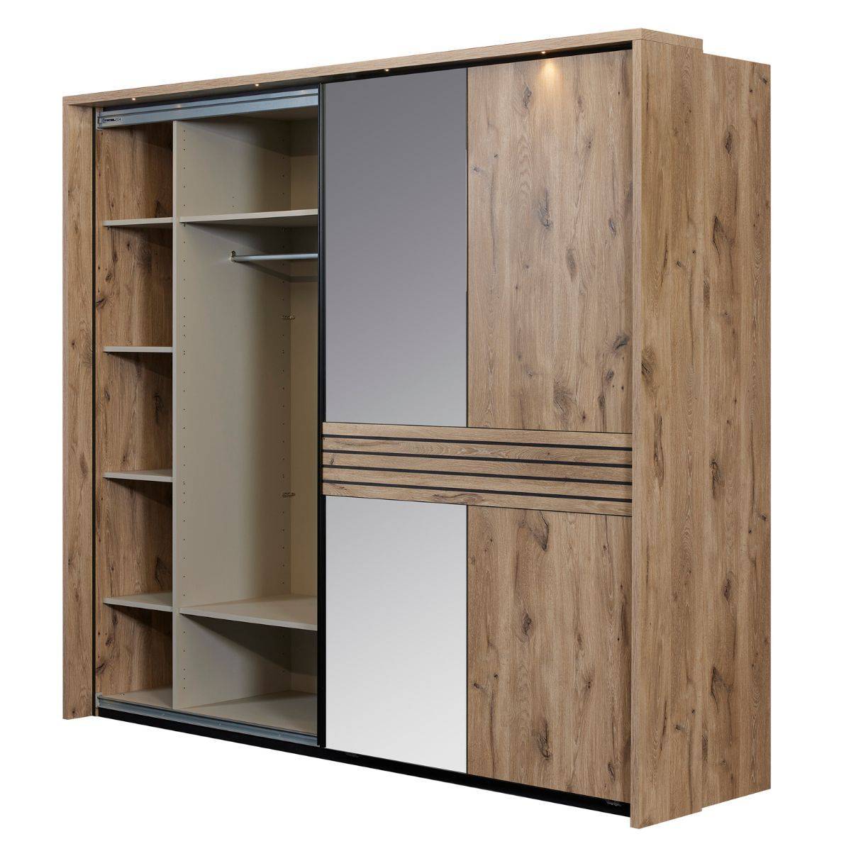 ALTOBUY - Armoire 2 portes coulissantes avec miroir et leds aspect bois et noir - NIKITA - Image 5