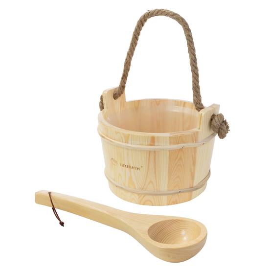 Lot de 2 accessoires pour sauna naturel en bois de pin seau d'arrosage 4 litres à insert de plastique et corde louche assortie équipement résistant - Image 1