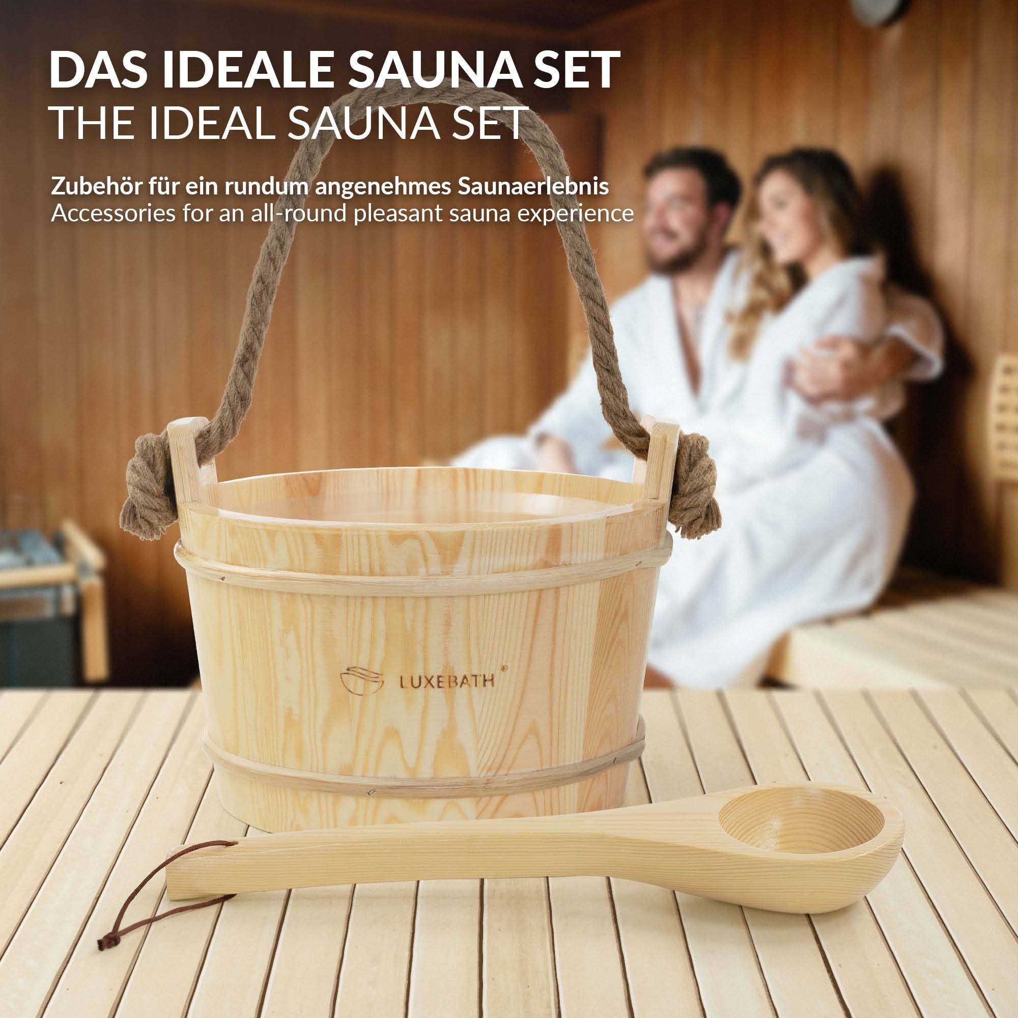 Lot de 2 accessoires pour sauna naturel en bois de pin seau d'arrosage 4 litres à insert de plastique et corde louche assortie équipement résistant - Image 5