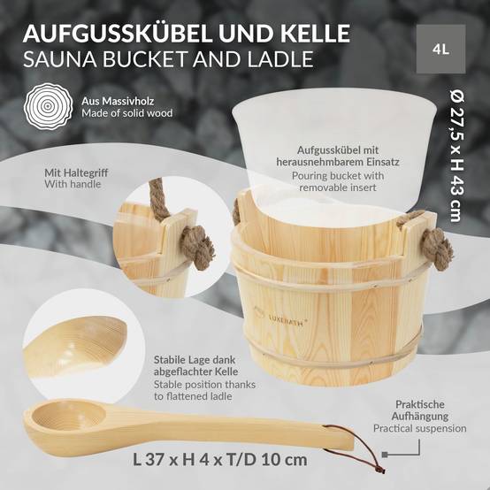 Lot de 2 accessoires pour sauna naturel en bois de pin seau d'arrosage 4 litres à insert de plastique et corde louche assortie équipement résistant - Image 4