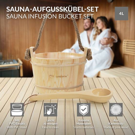 Lot de 2 accessoires pour sauna naturel en bois de pin seau d'arrosage 4 litres à insert de plastique et corde louche assortie équipement résistant - Image 3