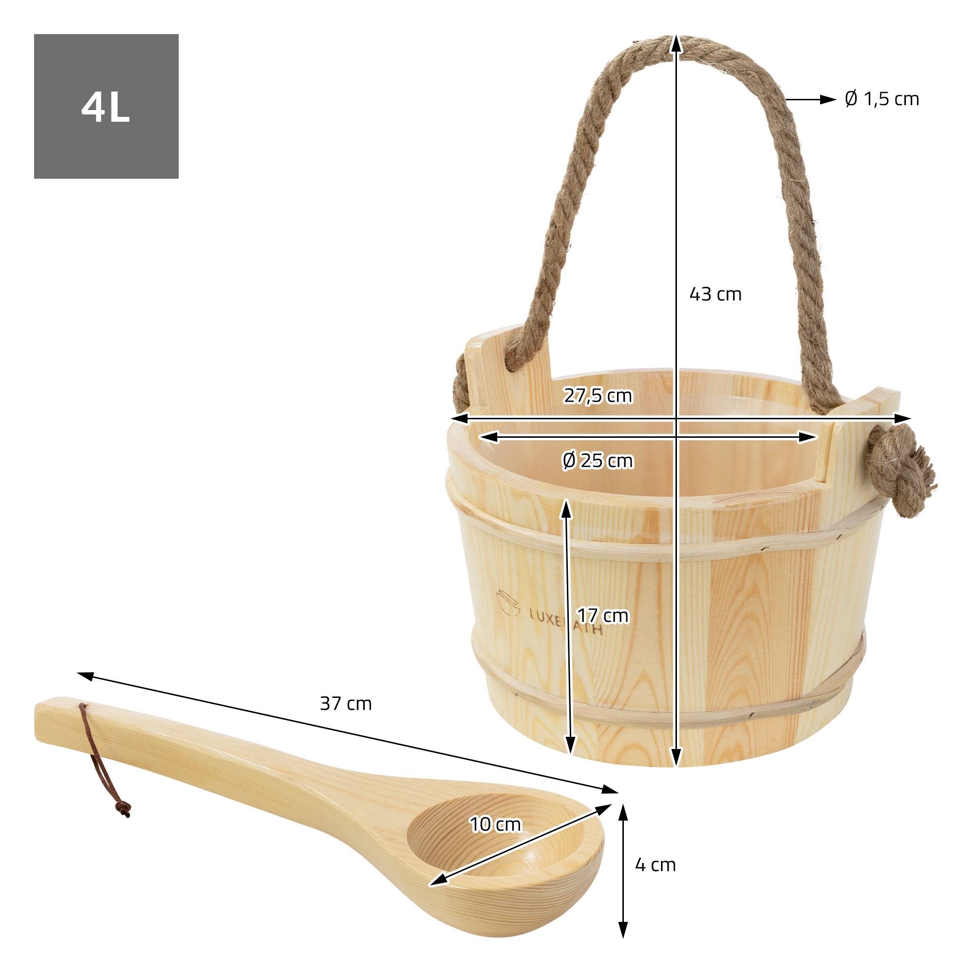 Lot de 2 accessoires pour sauna naturel en bois de pin seau d'arrosage 4 litres à insert de plastique et corde louche assortie équipement résistant - Image 6