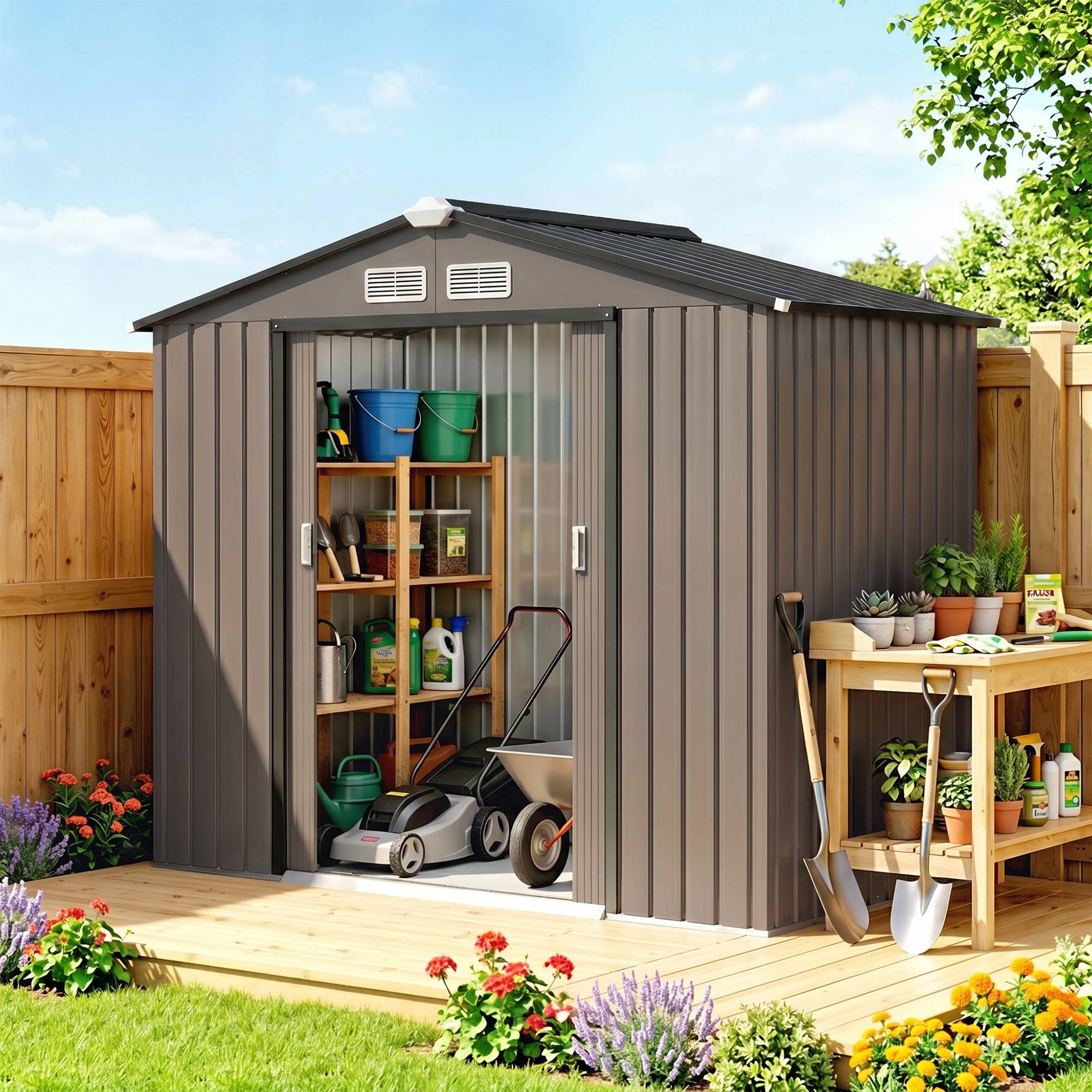 Abri de jardin extérieur avec base renforcée, sans plancher, 213 x 130 x 185 cm, avec 2 portes coulissantes et 4 fenêtres, couleur marron - Image 3