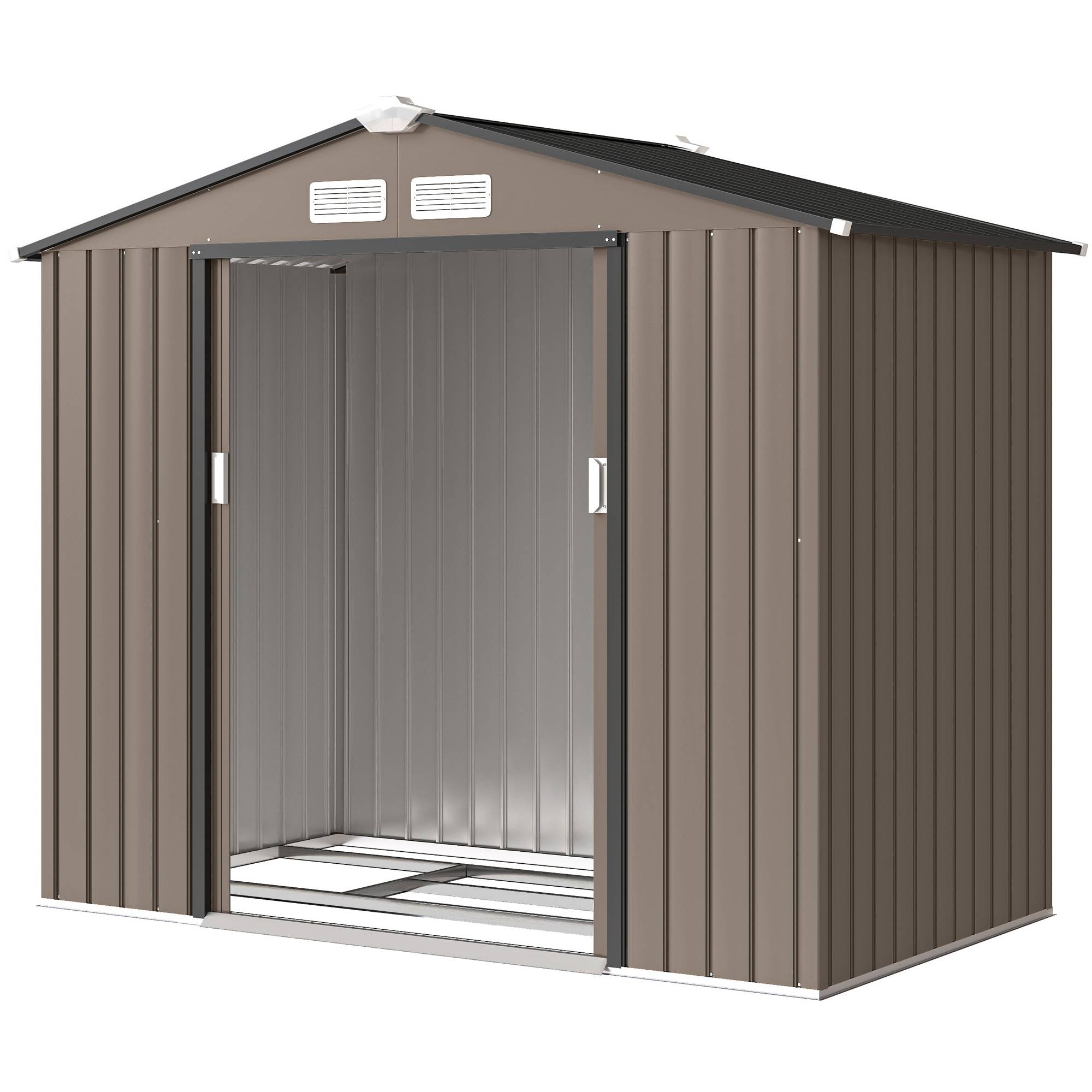 Abri de jardin extérieur avec base renforcée, sans plancher, 213 x 130 x 185 cm, avec 2 portes coulissantes et 4 fenêtres, couleur marron - Image 2