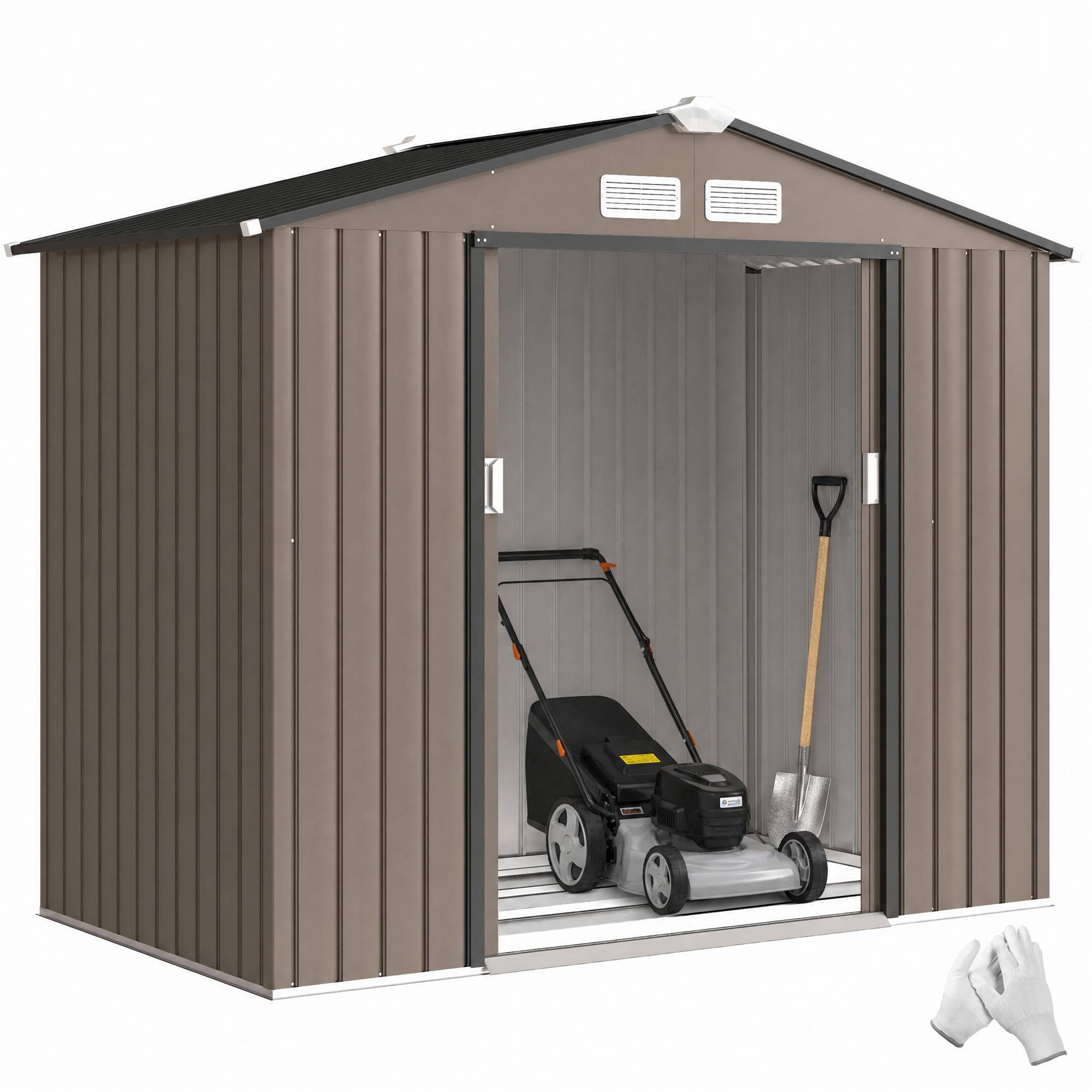 Abri de jardin extérieur avec base renforcée, sans plancher, 213 x 130 x 185 cm, avec 2 portes coulissantes et 4 fenêtres, couleur marron