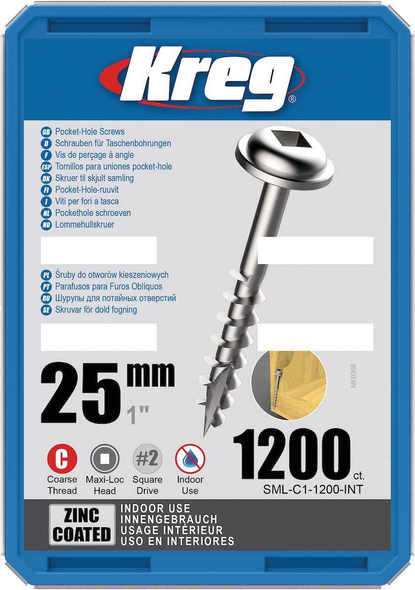 Vis à trous de poche 25 mm Revêtu de Zinc Maxi-Loc, Filetage épai, 1200 - KREG - SML-C1-1200-INT