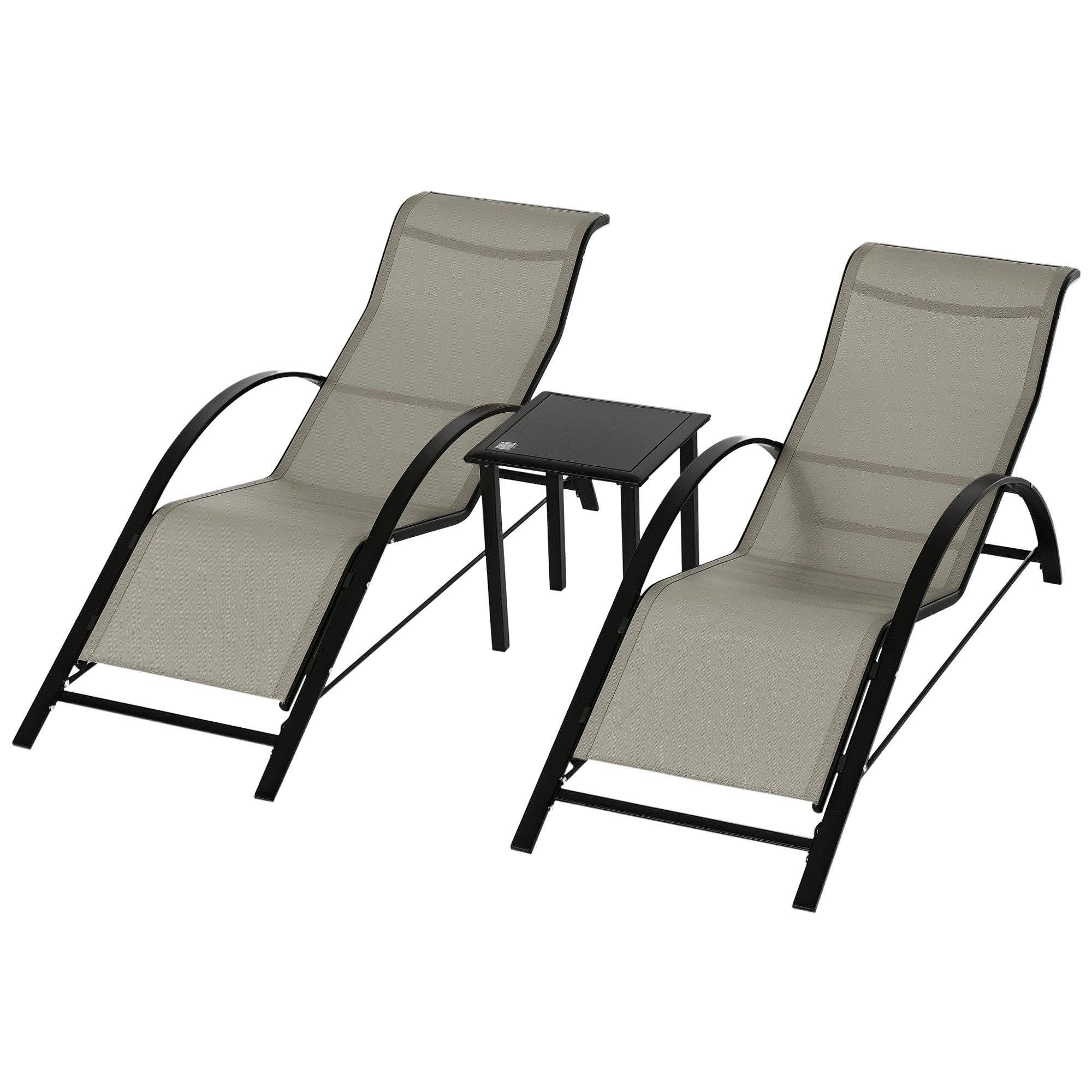 Ensemble de jardin 3 pièces, 2 chaises longues et 1 table d'appoint, structure en métal, gris et noir - Image 1