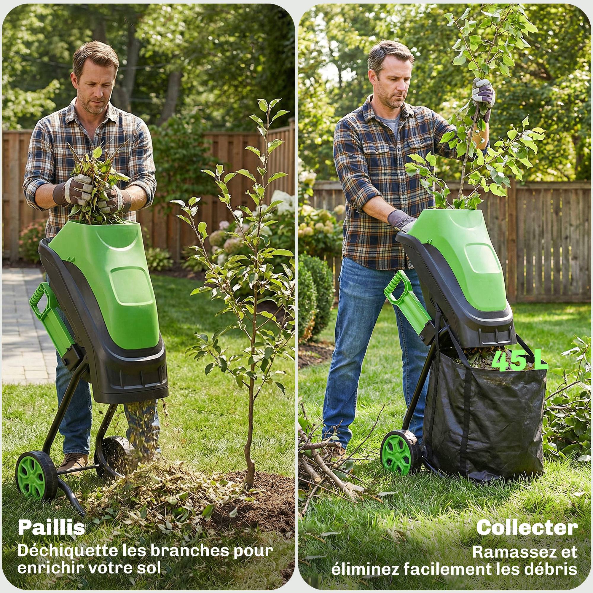 Broyeur de Végétaux Électrique 2500 W, Broyeur de Branches avec Sac de Collecte 45L, 4300 tr/min, 44x34x96cm, Vert - Image 10