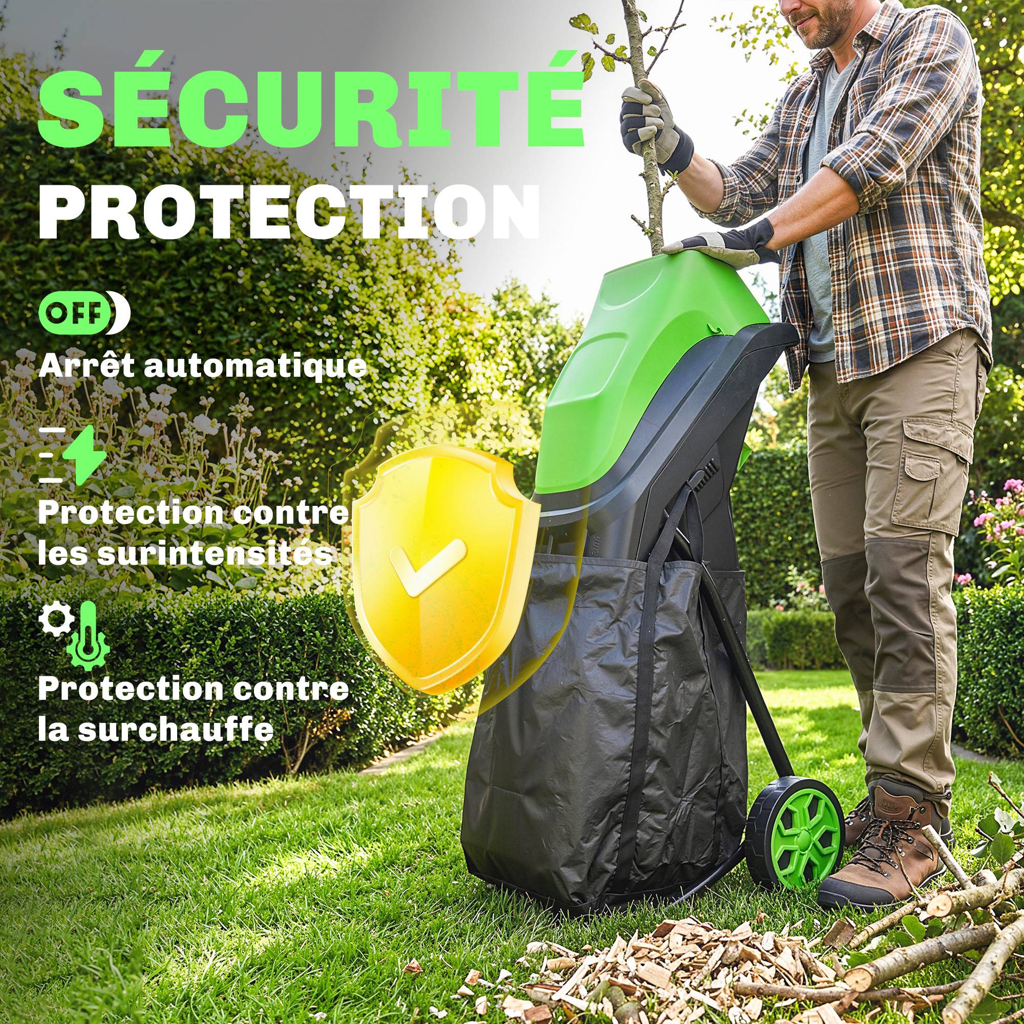 Broyeur de Végétaux Électrique 2500 W, Broyeur de Branches avec Sac de Collecte 45L, 4300 tr/min, 44x34x96cm, Vert - Image 7