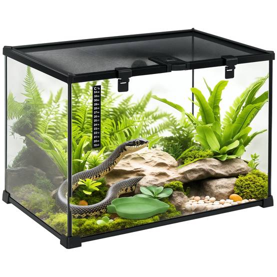 Terrarium surélevé pour reptiles avec serrure et thermomètre, en verre et grillage, 50 x 30 x 35 cm, noir - Image 1