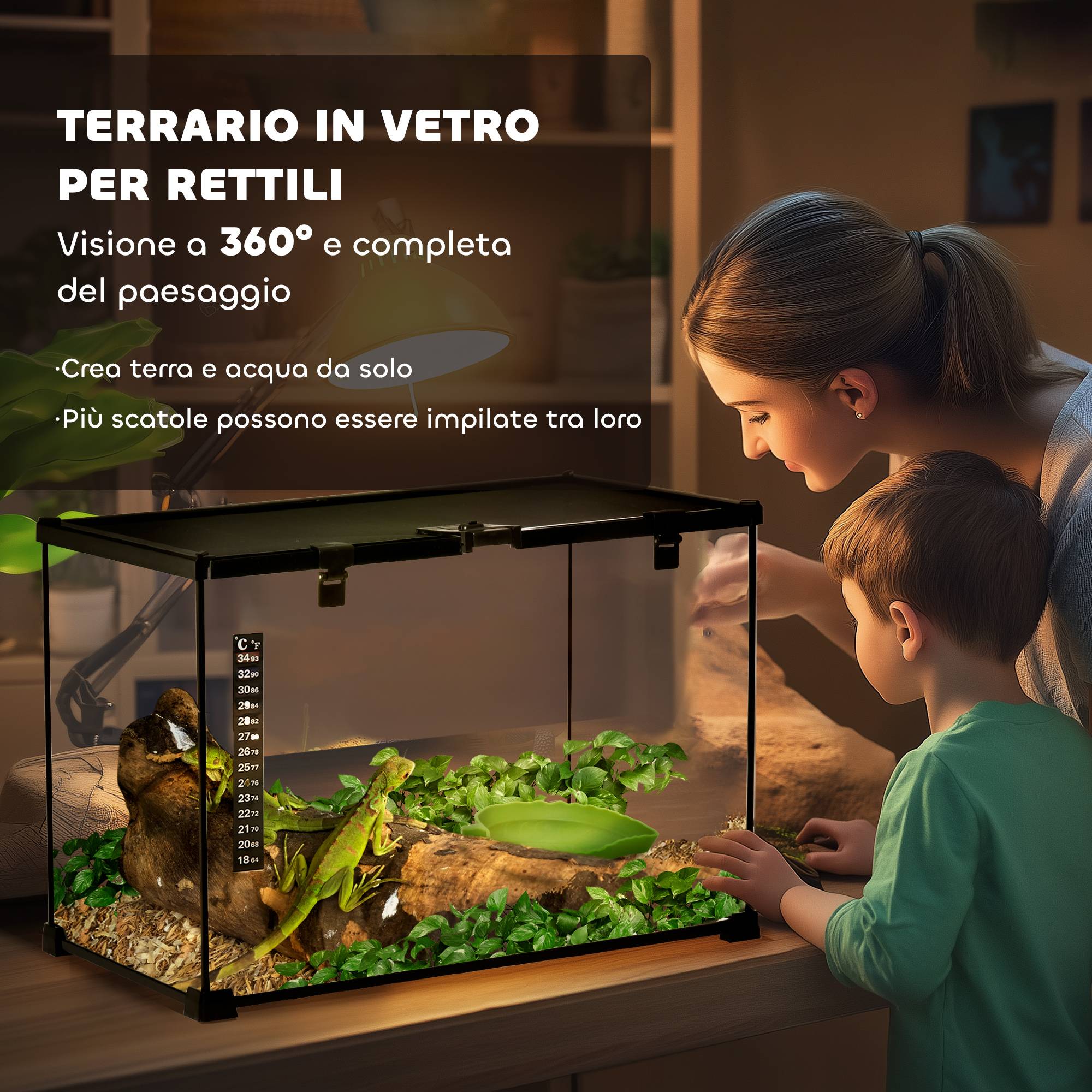 Terrarium surélevé pour reptiles avec serrure et thermomètre, en verre et grillage, 50 x 30 x 35 cm, noir - Image 6