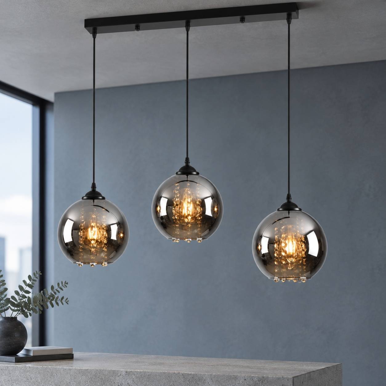 Suspension Lumineuse Salle à Manger 3 Globes Verre Fumé - Image 4