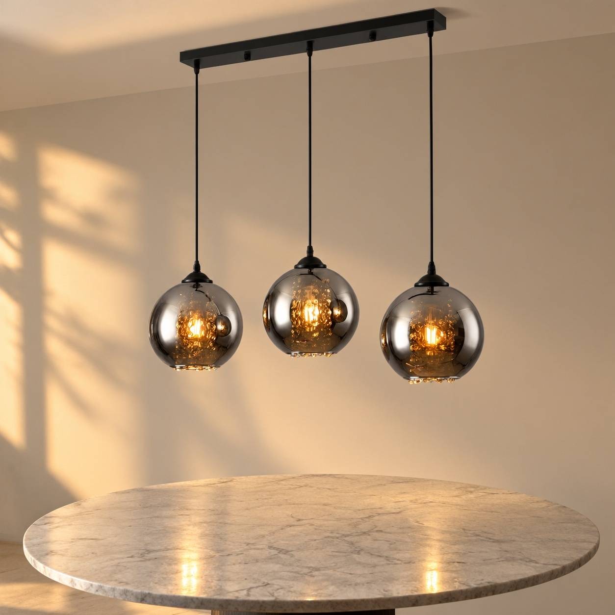 Suspension Lumineuse Salle à Manger 3 Globes Verre Fumé - Image 3